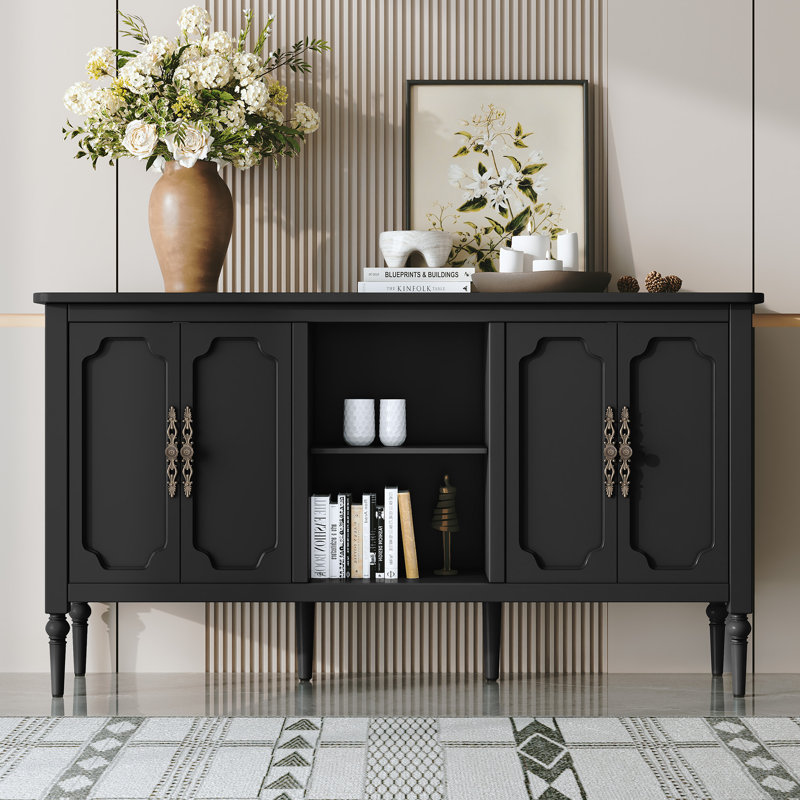Buffet Gurbachan vintage 4 portes de 150 cm de large avec étagères ouvertes, Noir