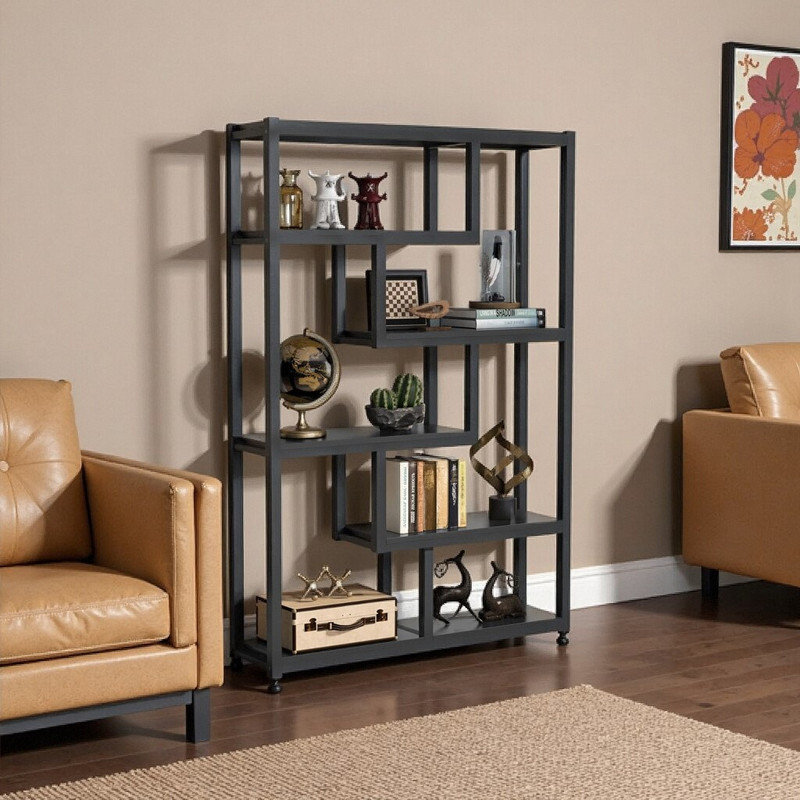 6-Tier Industrial Etagere Bookcase – Brown & Black Staggered Design, Black