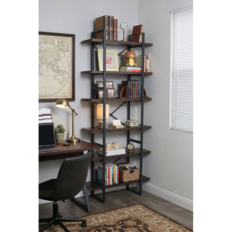 Etagere Bookcase, Black/Walnut, (6 Shelves) 85” H x 35” W x 13”D