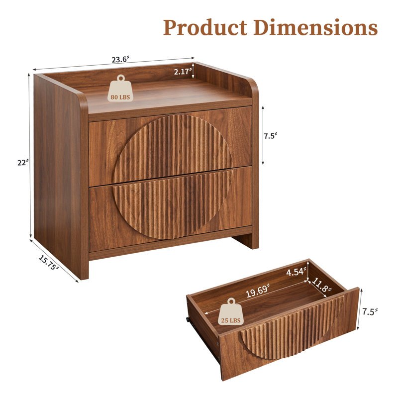 2-Drawer Nightstand (23.6" W), Brown