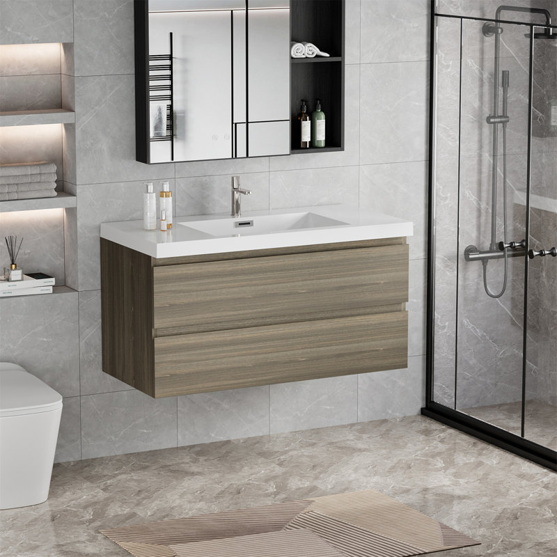42" Wall-Mounted Bathroom Vanity Cabinet with Top Basin and Soft Close Drawers, Ash Grey