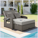 Rober Wicker Rattan Double Chaise Lounge, 2-Person Reclining Daybed with Adjustable Back and Cushions, Free Furniture Protection Cover
