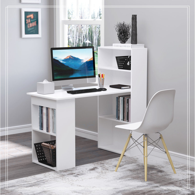 Ternes 47" Writing Table with Bookshelf, Desk with 6-Tier Storage Shelves, White