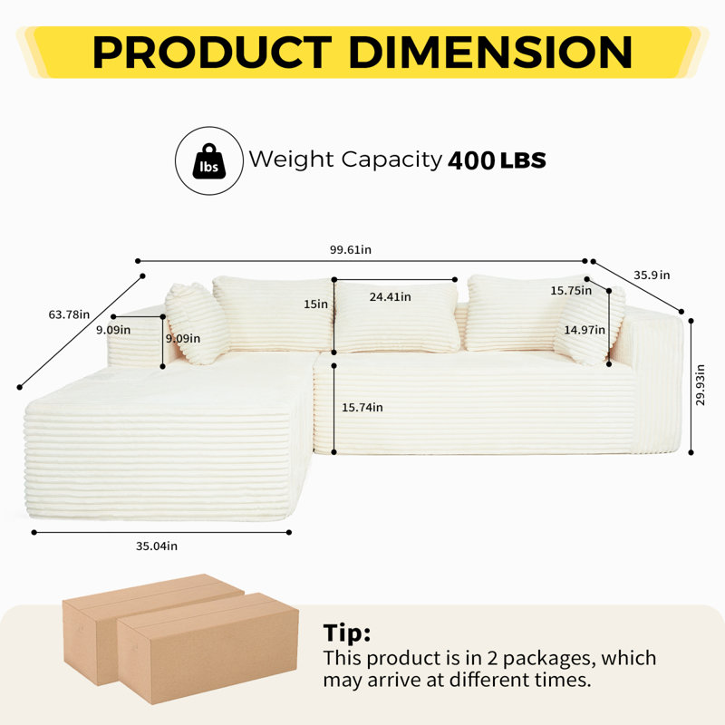 Compression Sectionals 100 Inch Corduroy Modern L Shaped Sofa For Home