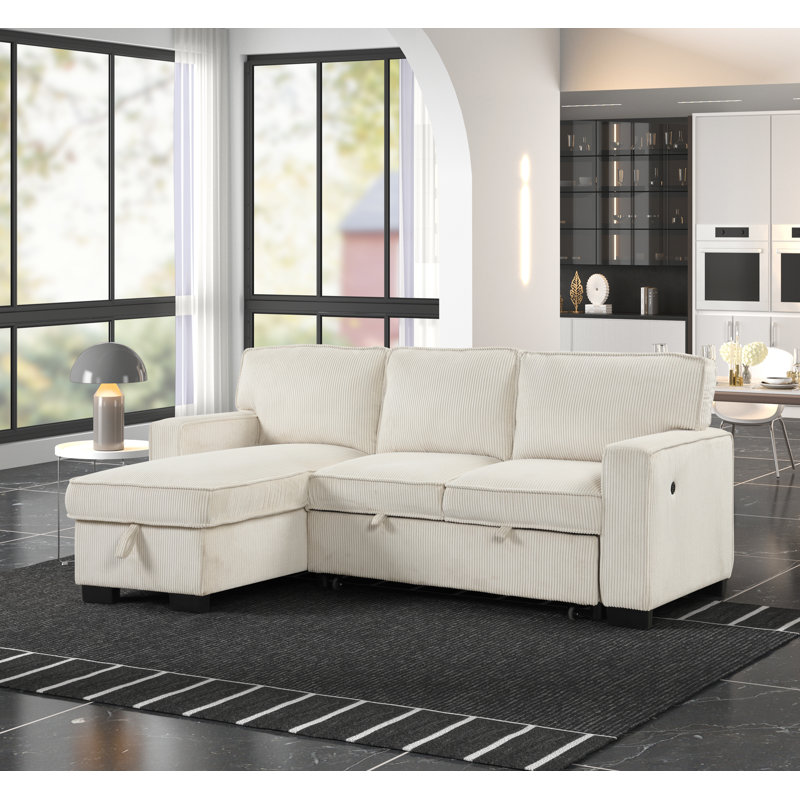 Clifford ariz Upholstered Corduroy Pull Out Reversible Sleeper Sofa bed & Storage Chaise, Beige Corduroy