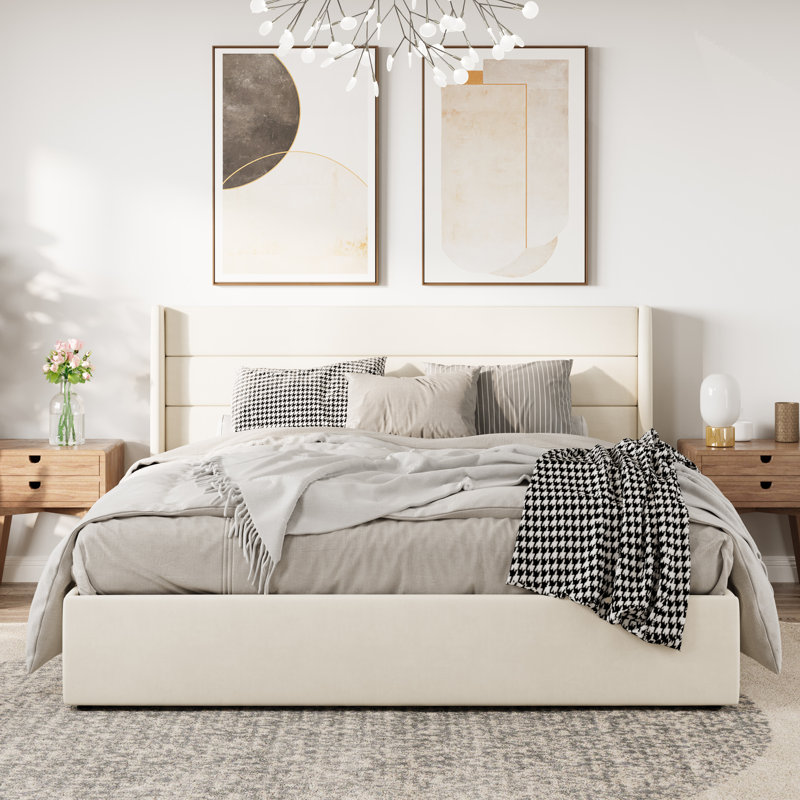 Braya Hydraulic Lift Up Storage Upholstered Platform Bed, King, Cream Velvet