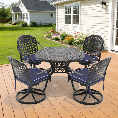 All-Weather Cast Aluminum Dining Set, Include Swivel Chairs And Round Table With Black Frame