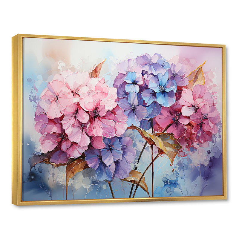 Collage moderne d'hortensias roses et mauves, Cadre flottant doré, 30" H x 40" W