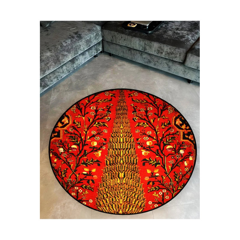 Red Themed Floral Motifs Patterned Round Woven Base Vintage Decorative Carpet, Round 4'