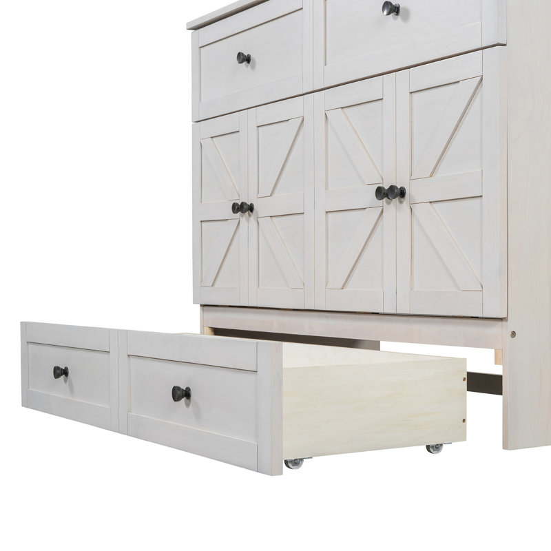 Lit double en blanc brossé avec rangement généreux et ports. Optimisez votre espace. Capacité de poids stable de 450 lb. Chic devant rayé. Espace pratique. Facile d'accès. Matelas non inclus. Assemblage
