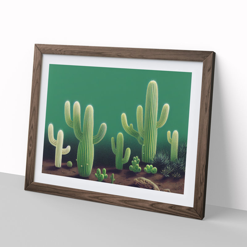 Friendly Cactus - Single Picture Frame Print, 46cm H x 64cm W x 2cm D, Walnut Framed