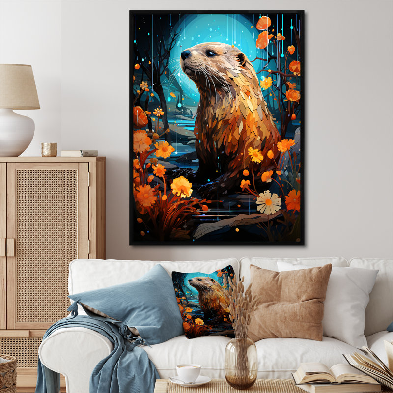 «Orange Futuristic Builder» - art mural, Cadre flottant noir, H 44 po x l 34 po x P 1,5 po