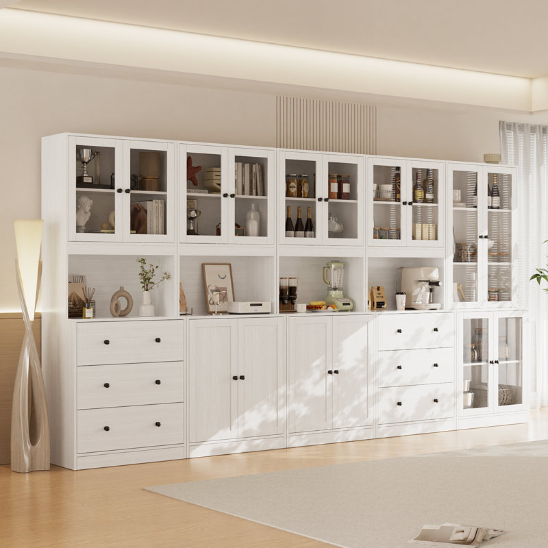 Garde-manger H 71 po x l 94,5 po avec bibliothèques, rehausse de porte en verre avec tiroir et comptoirs spacieux, Blanc