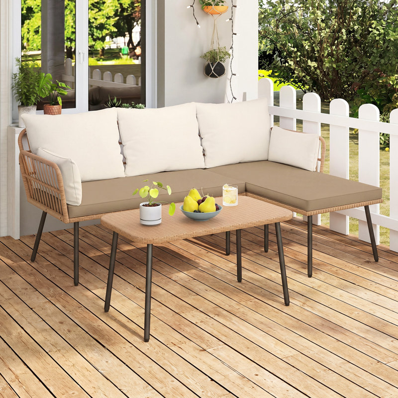 3 Pieces L-Shaped Patio Furniture Set Outdoor Sectional Cushioned Sofa, Tan/Beige