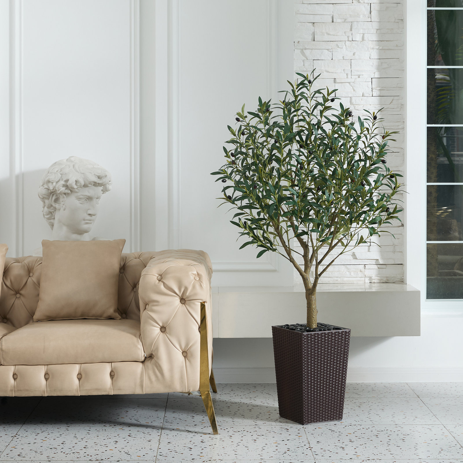 Altera UV Resistant Artificial Olive Tree for Indoor & Outdoor Decor, Large Plastic Base with Pebbles, 60" H x 20" W x 20" D