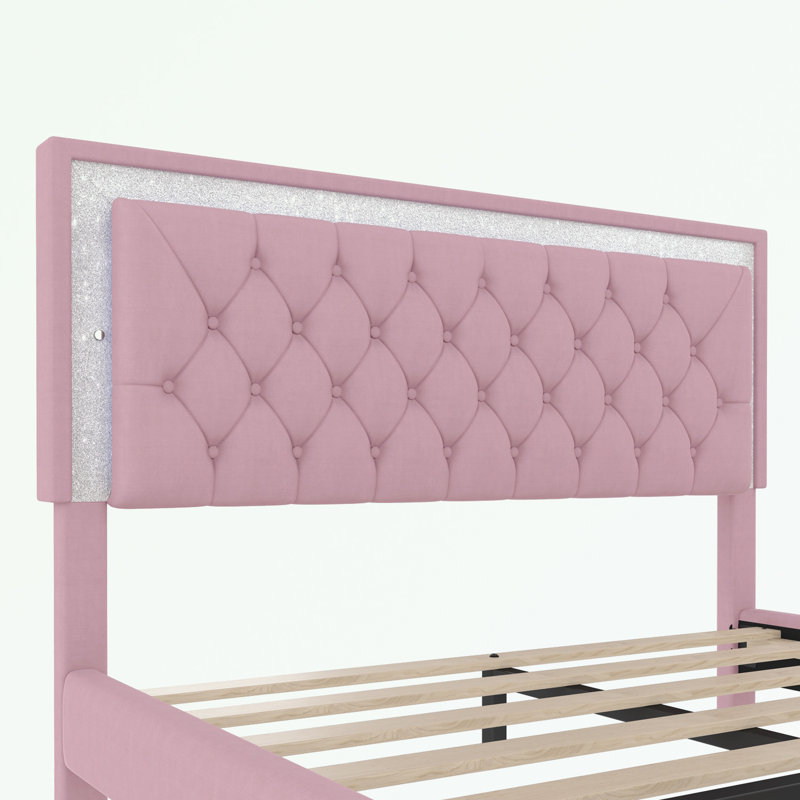 Ensemble de chambre à coucher 3 pièces avec lit grand et lumières DEL et deux tables de chevet, Rose