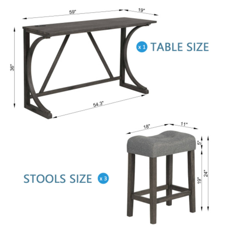 Ensemble de bar 4 pièces gris foncé chic avec prise de courant, 3 tabourets rembourrés pour salle à manger, Gris