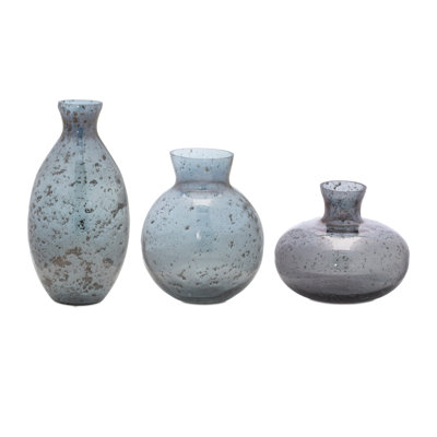 Ensemble de trois vases de table en verre bleu et gris