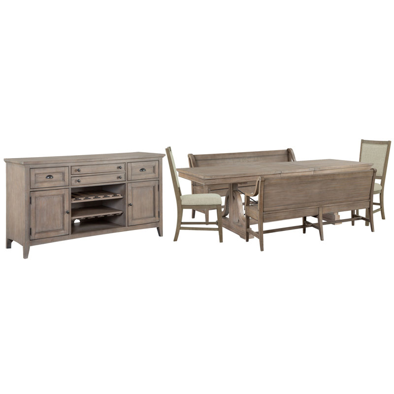 Extendable Trestle Dining Table With 2 Benches 2 Upholstered Side Chairs And Buffet