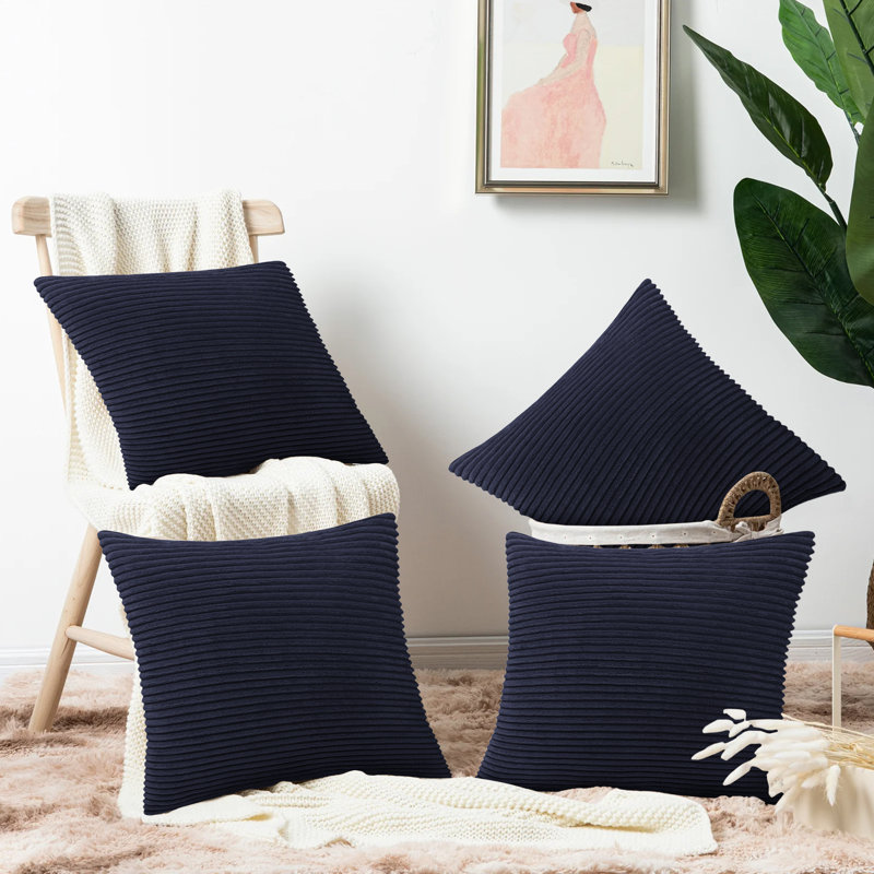 Shadwell Striped Square Scatter Crushed Velvet Cushion Cover, Navy