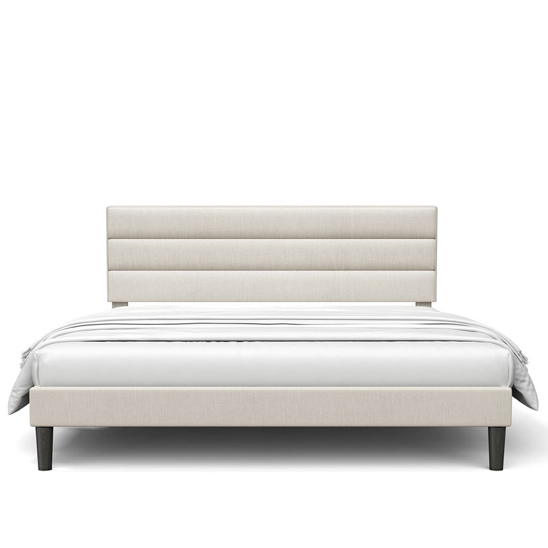 Yeleini Modern Horizontal Panel Upholstered Low Profile  Full Size Platform Bed  with Tufted Headboard, Beige, Full
