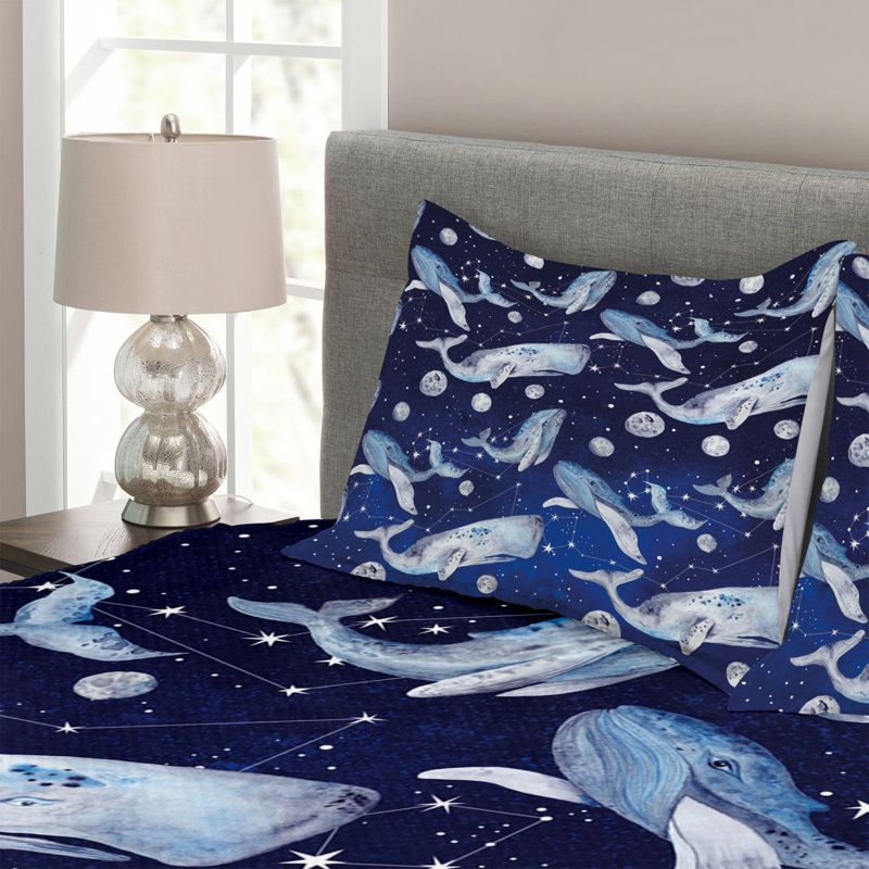 Aeleen Navy/Blue/White Microfibre Bedspread Set, 220 x 264 cm