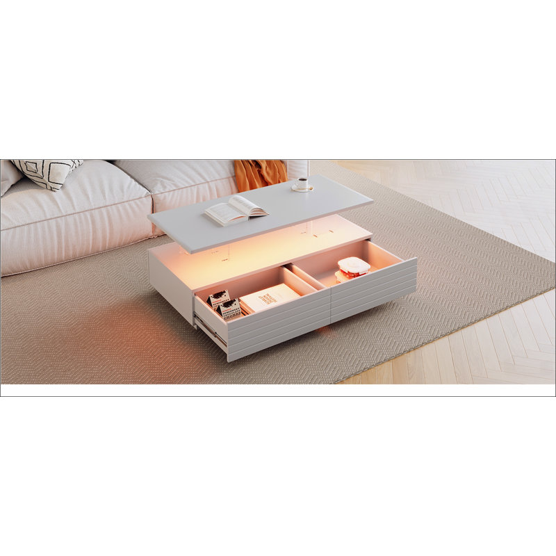 Modern White Rectangular LED Lights Coffee Table with 2 drawers in 47.2", White