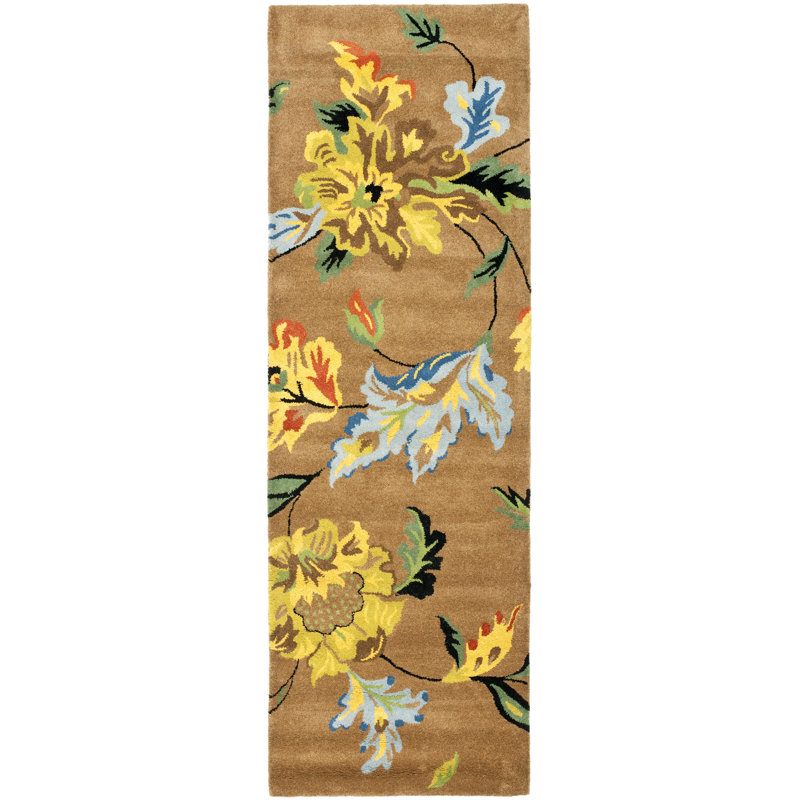 Tapis floral en laine et viscose touffeté à la main Soho, Tapis de couloir beige