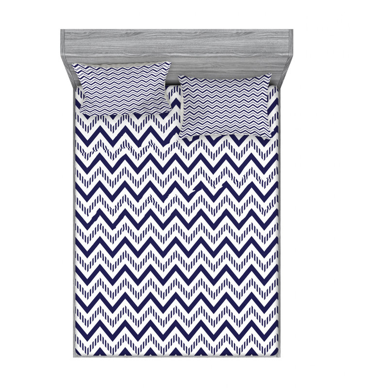 White and Navy Blue Chevron Microfiber Full Sheet Set