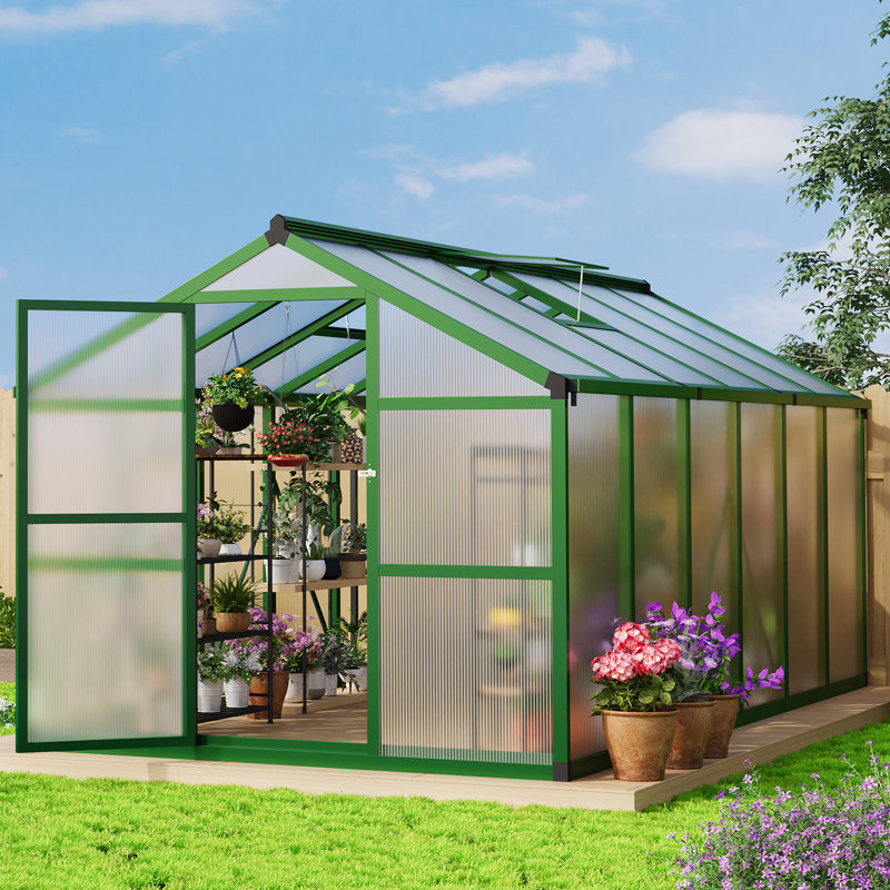 Heavy Duty Polycarbonate Walk-In Greenhouse for Outdoors with Aluminum Frame, Adjustable Roof Vent & Lockable Swing Door for Easy Access in Garden or Patio, 8x12 FT (Green)