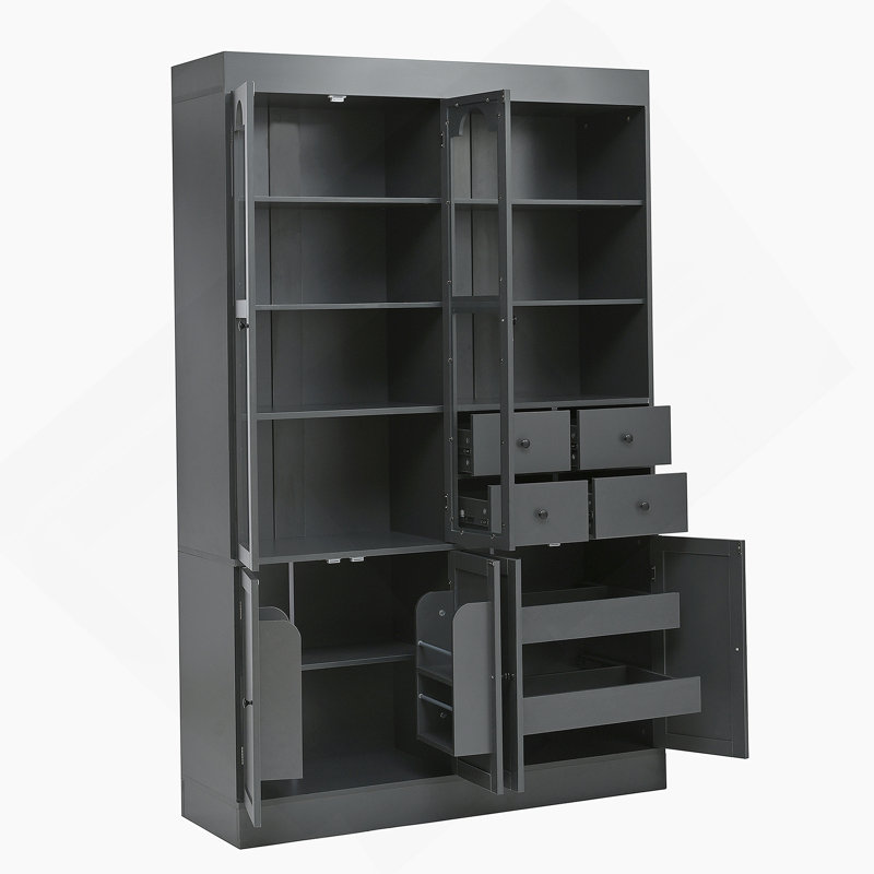Armoire décorative, buffet autoportant, garde-manger avec tiroirs, tablettes et plateaux coulissants, Gris