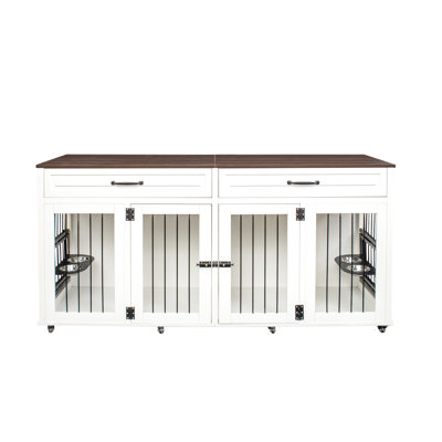 Cage pour animaux robuste et blanche en noyer - Maison en bois avec tiroirs à double porte pour chiens de taille moyenne