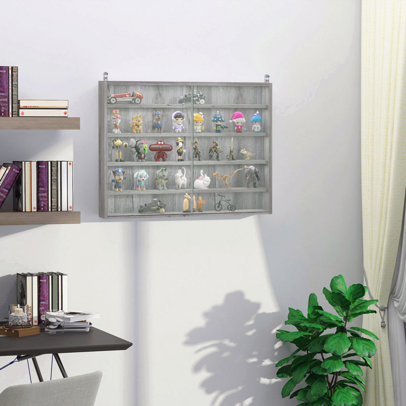 Vitrine murale 2 niveaux à 5 portes avec tablettes réglables, Gris