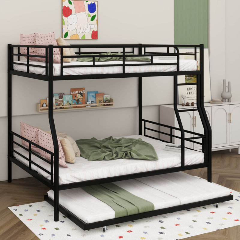 Full XL Over Queen Size Metal Bunk Bed With Underbed Trundle Option, Black