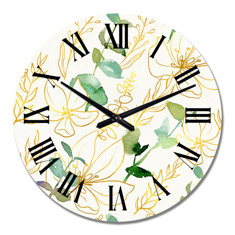 Horloge murale jaune et verte à branches d'eucalyptus, Moyen