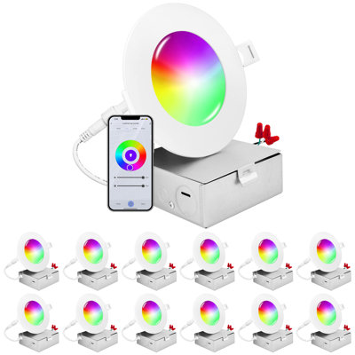 Luxrite 12-Pack 4 Inch Smart LED Recessed Lighting, RGBW Colour Changing, Wifi App And Voice Control, Compatible With Alexa And Google Home, No Hub Required, 10.5W 700LM, CRI 90, IC Rated, Wet Rated
