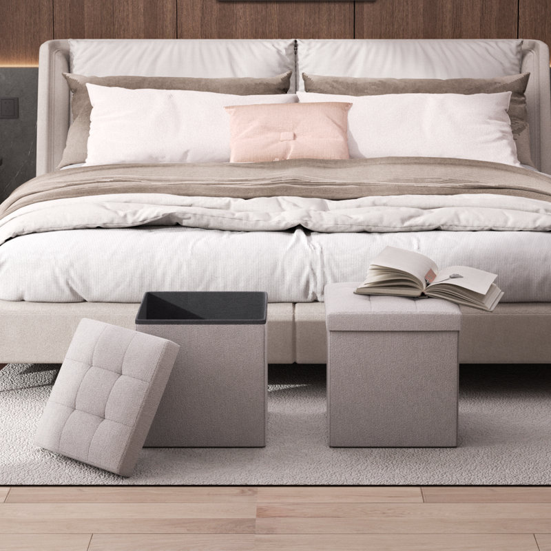 15" Cube Folding Ottoman With Storage, Cotton-Linen Collapsible Foot Stool, For Living Room, Bedroom Entryway, Sandy Beige