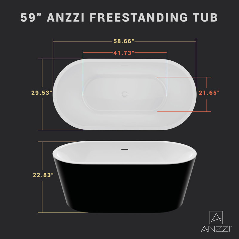 ANZZI Chand Series 59 Inch Acrylic Freestanding Pre-Plumbed Solid Deep Soaker Stand Alone Bathtub With Built-In Overflow And Drain In Black/White