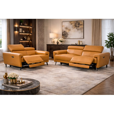 Ensemble de fauteuil inclinable électrique en cuir Alessio avec repose-tête réglable et repose-pieds à bouton-poussoir