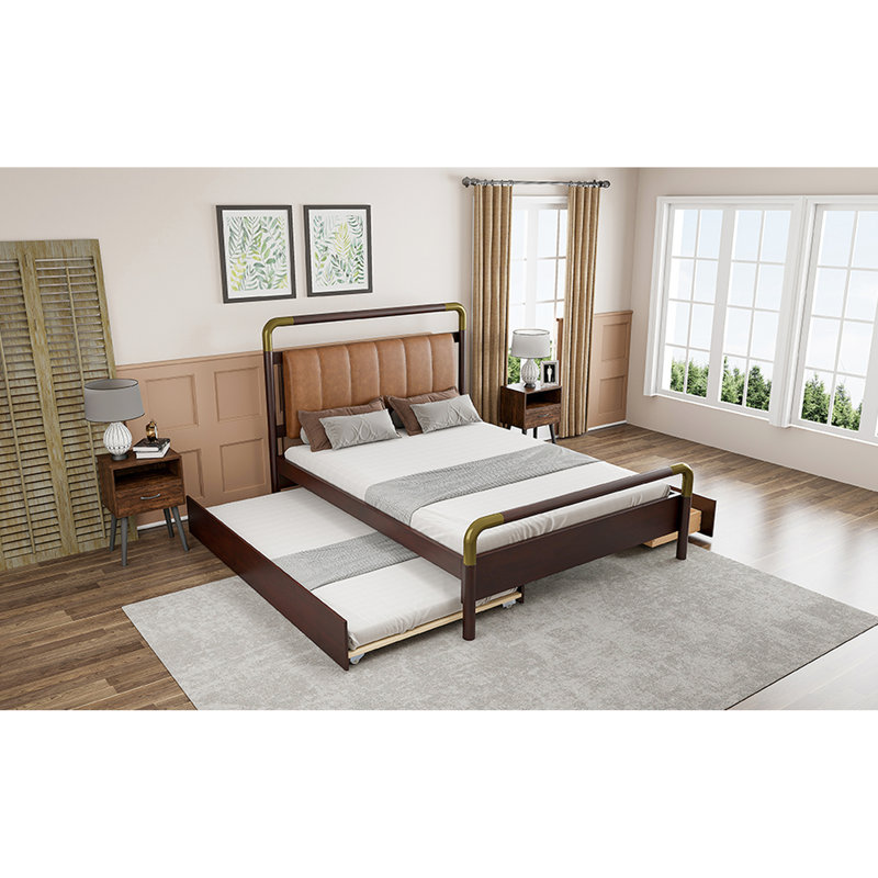Grand lit plateforme avec 2 grands tiroirs et un lit gigogne pour une chambre confortable, Noyer