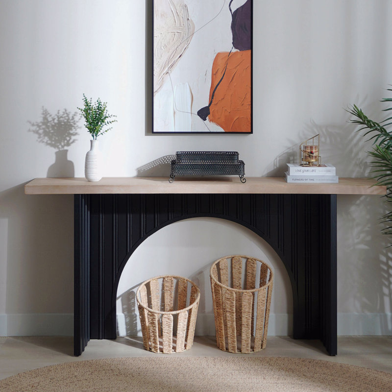 Console moderne minimaliste avec base en arche noire et plateau en bois naturel, console de 66 po de longueur