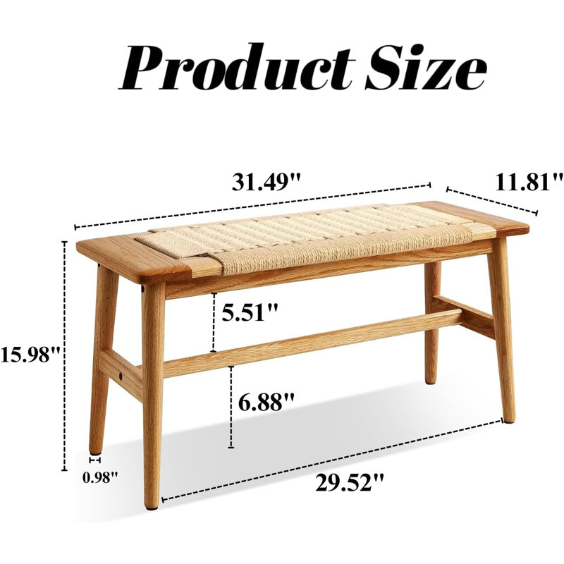 Banc de chêne en bois pour l'intérieur - Banc d'entrée en corde de bois massif tissé