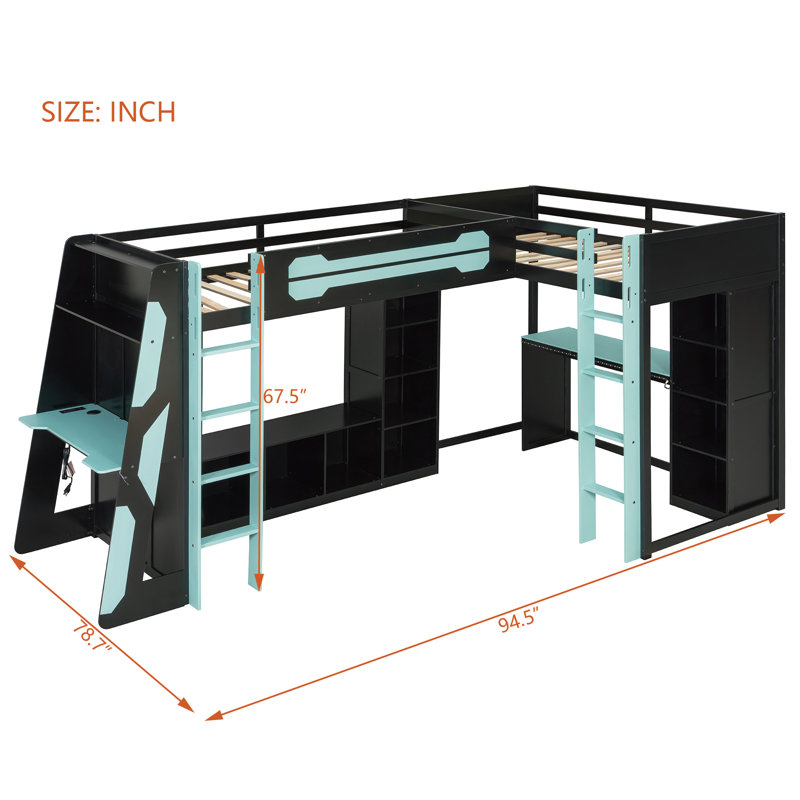 Lit mezzanine simple en L en bois, Bleu