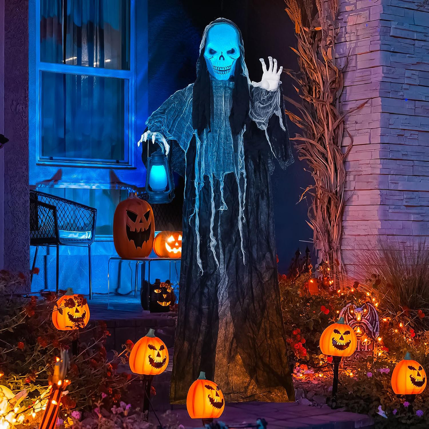 The Holiday Aisle® 6FT Hanging Grim Reaper Animated Halloween Decorations With LightUp Head