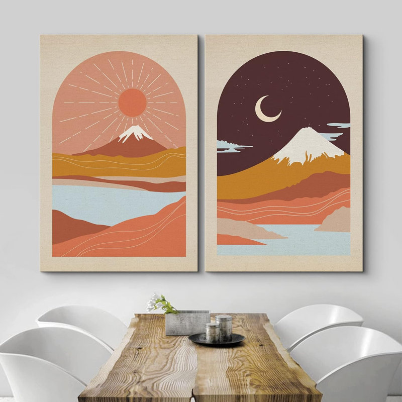 "Western Mountain Sun & Moon Nature Landscape", art moderne sur toile encadrée, 2 pièces, H 36 po x l 48 po x P 1,5 po