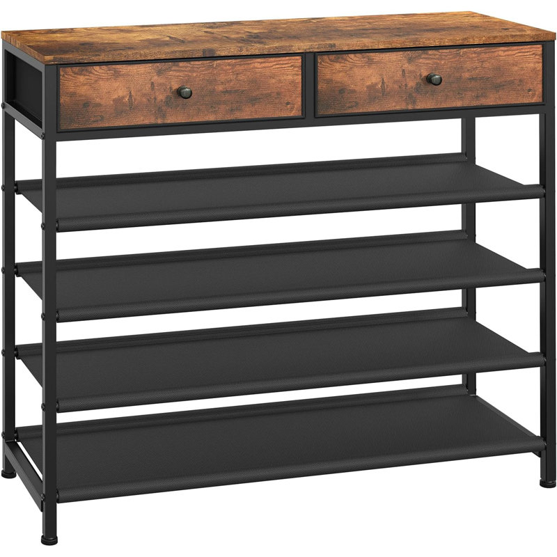 Rustic Brown 5-Tier Shoe Rack with Fabric Shelves and Wooden Top