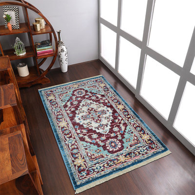 Tapis en polyester fabriqués à la machine Crayton - Rectangle, rouge, conception orientale, tapis à poils courts pour le salon, la chambre à coucher