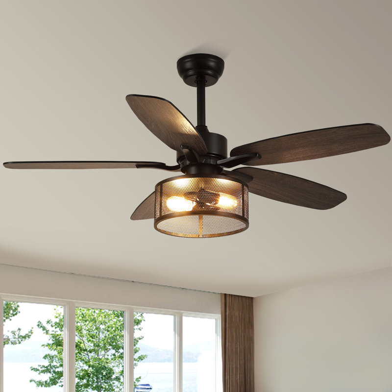 48/56" Farmhouse Caged Ceiling Fan With Light And Remote, 56" Wide, Black