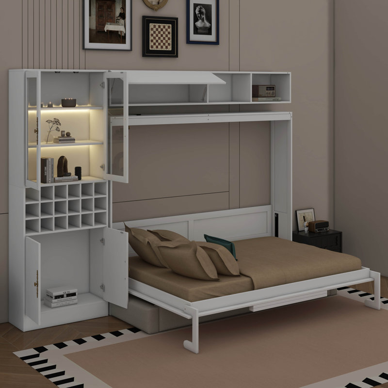 Full Size Murphy Bed With Sofa，USB & Light, Full, White
