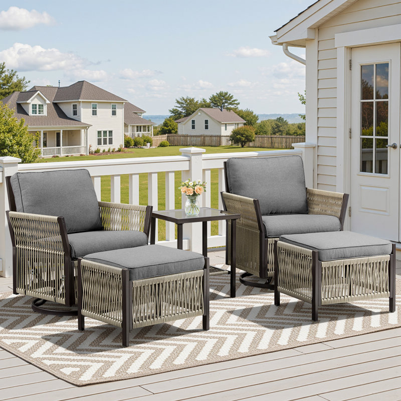 5 Piece Outdoor Patio Set, All-Weather Rattan Patio Swivel Glider Chairs Set Of 2 With Removable Cushions, 2 Ottomans, And A Side Table, Outdoor Conversation Set For Patio, Porch, Backyard